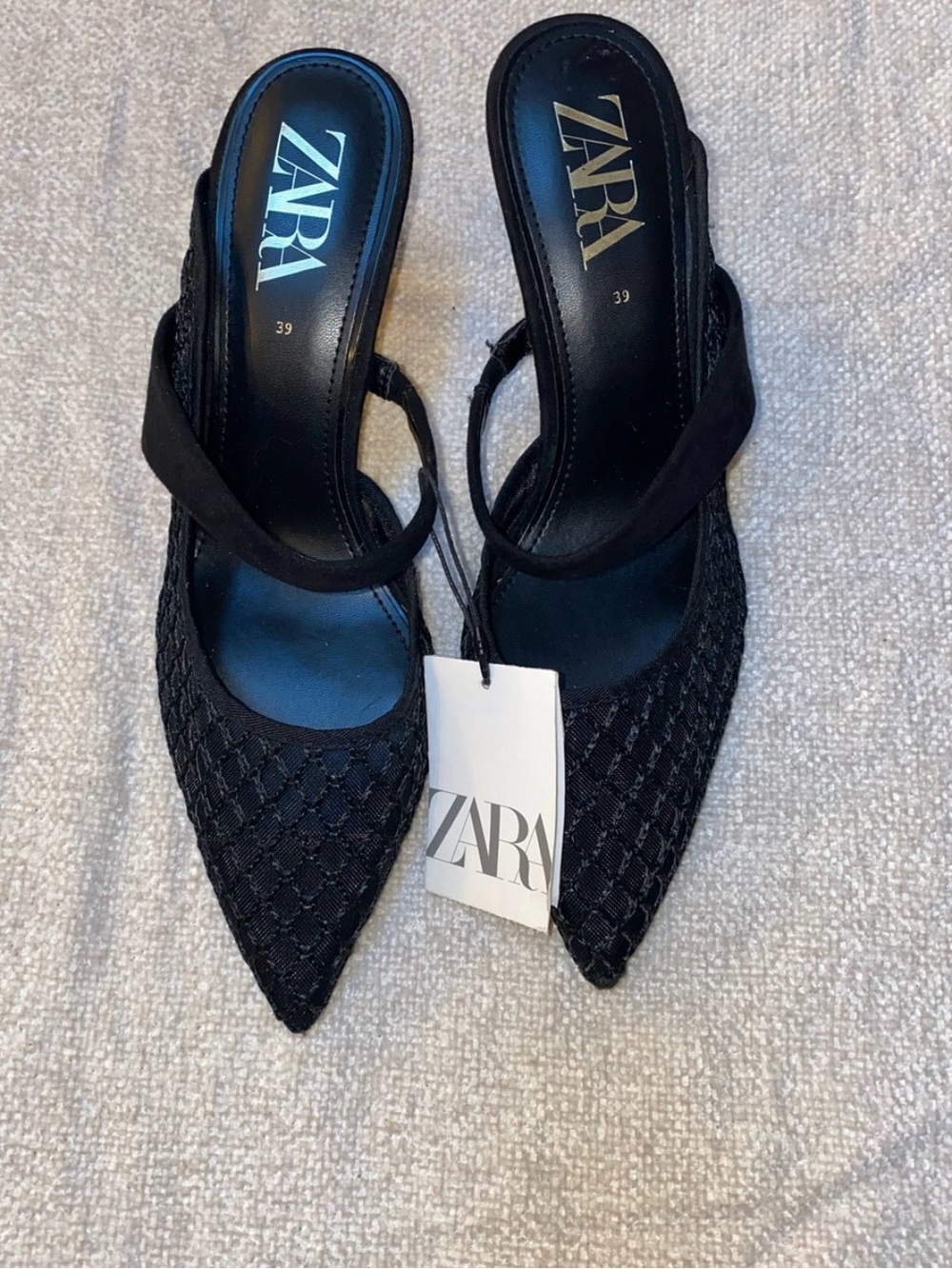Zara Black Pointed Toe Mesh Heels Size 39 (8) Witchy Quiet Luxury Workwear